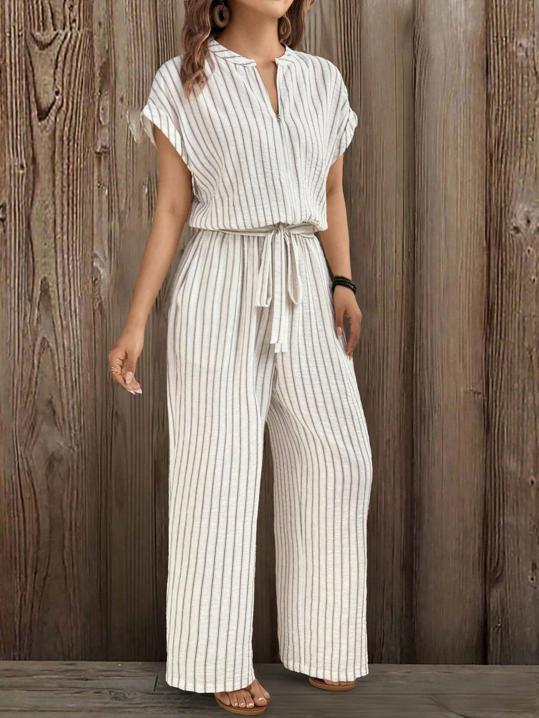 Casual Striped Front-Zip Drawstring Waist Loose-Fit Jumpsuit