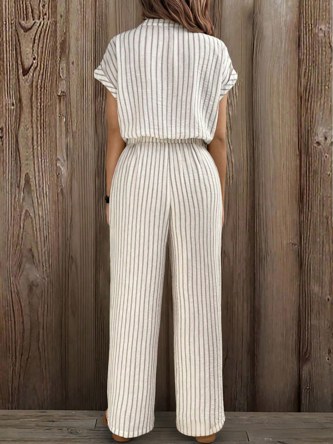 Casual Striped Front-Zip Drawstring Waist Loose-Fit Jumpsuit