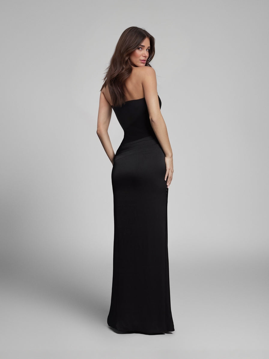 Elegant Strapless Draped Satin Maxi Dress
