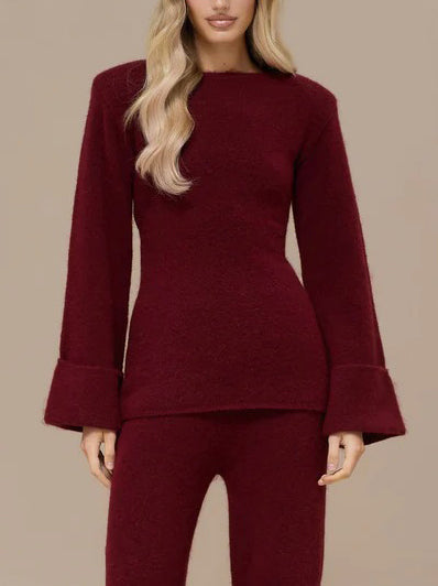 Elegant Flared Sleeve Knit Top And Pants Two-piece Set