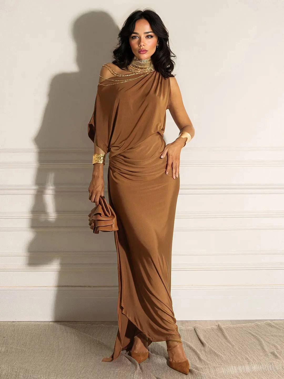 Oblique Collar Off-Shoulder Pleated Maxi Dress