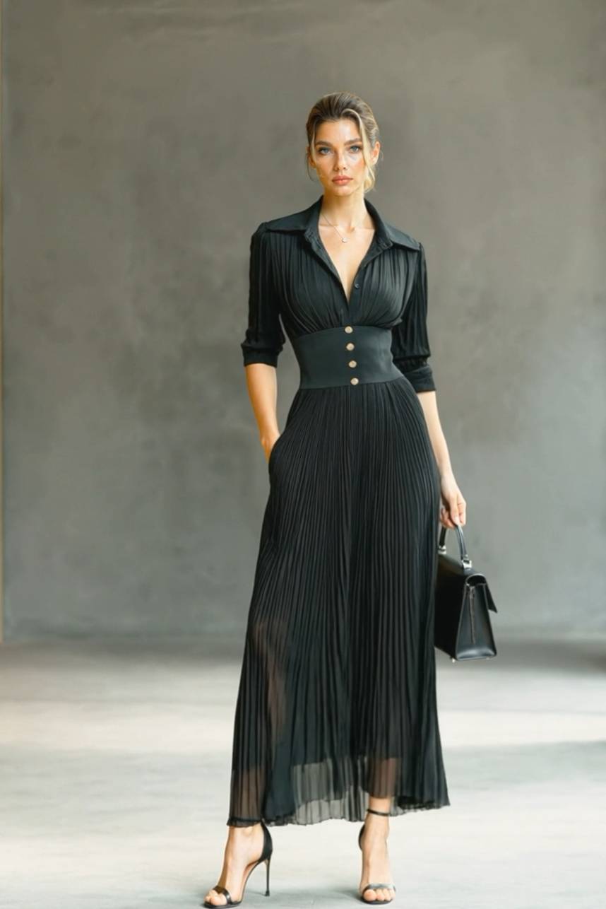 V-Neck Pleated High-Waist Dress