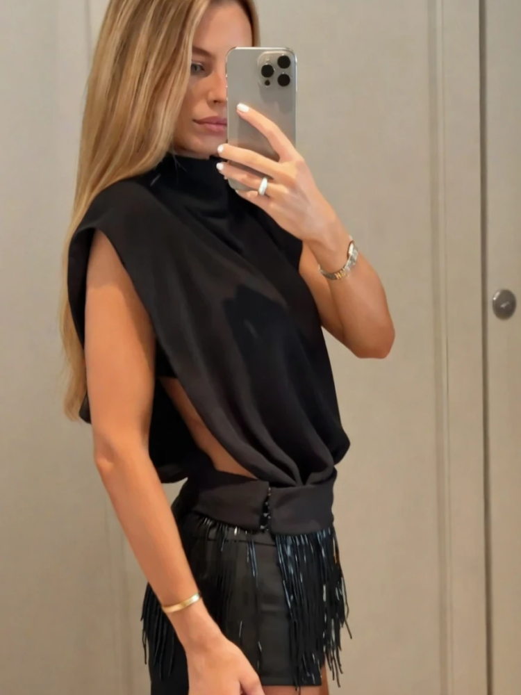 Black High Neck Cutout Fringe Shorts Set