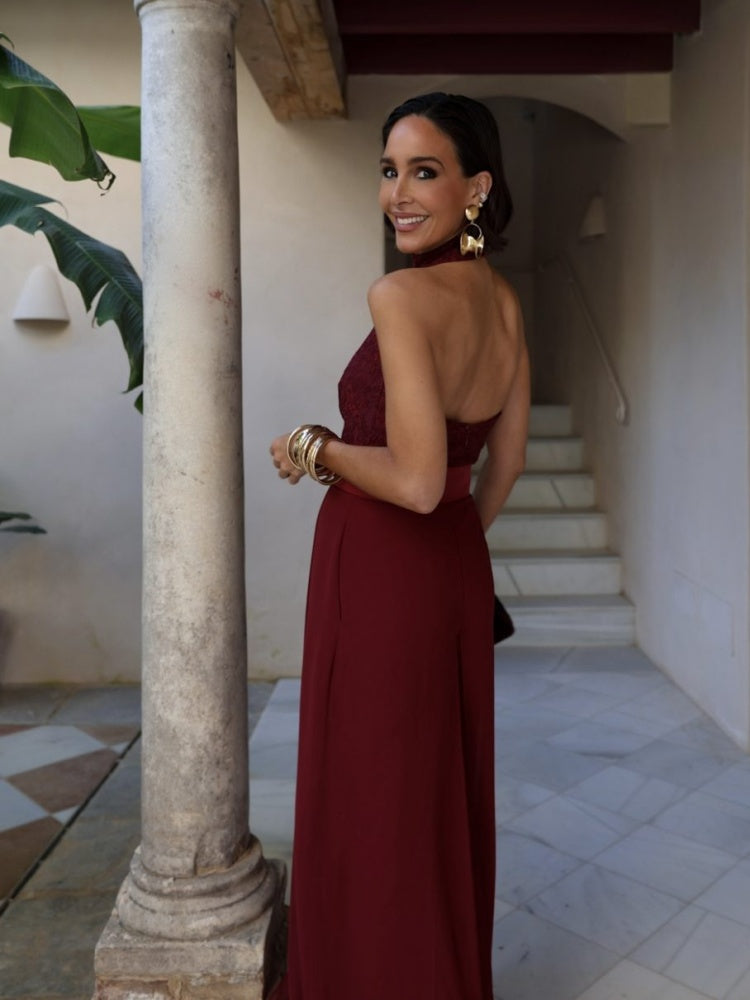 Burgundy Lace Wide-Leg Jumpsuit Set
