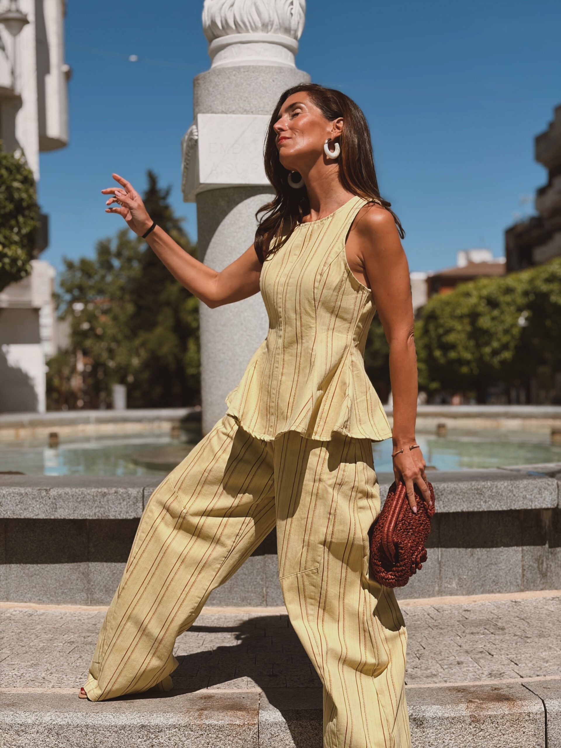 Yellow Striped Peplum Top & Wide-Leg Pants Set