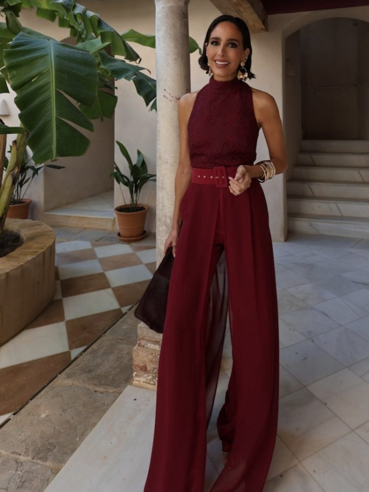 Burgundy Lace Wide-Leg Jumpsuit Set