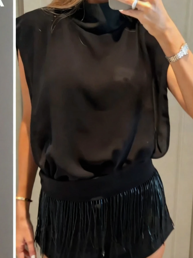Black High Neck Cutout Fringe Shorts Set