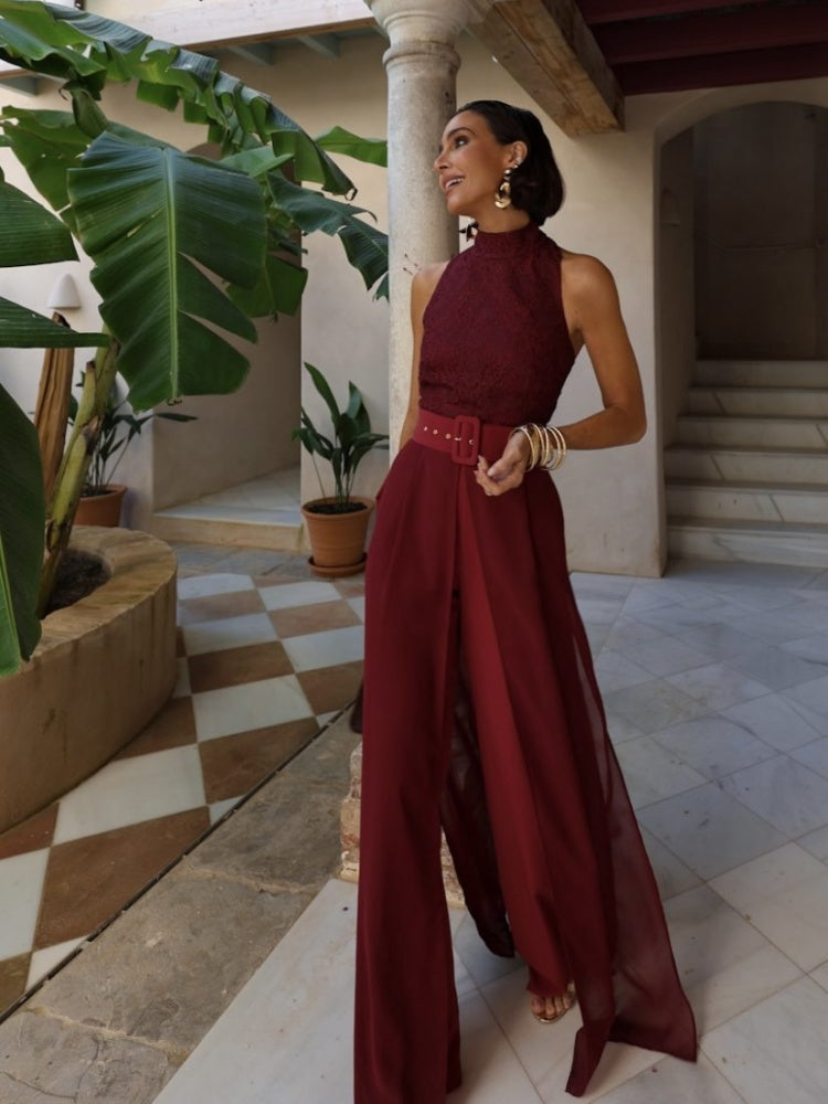 Burgundy Lace Wide-Leg Jumpsuit Set