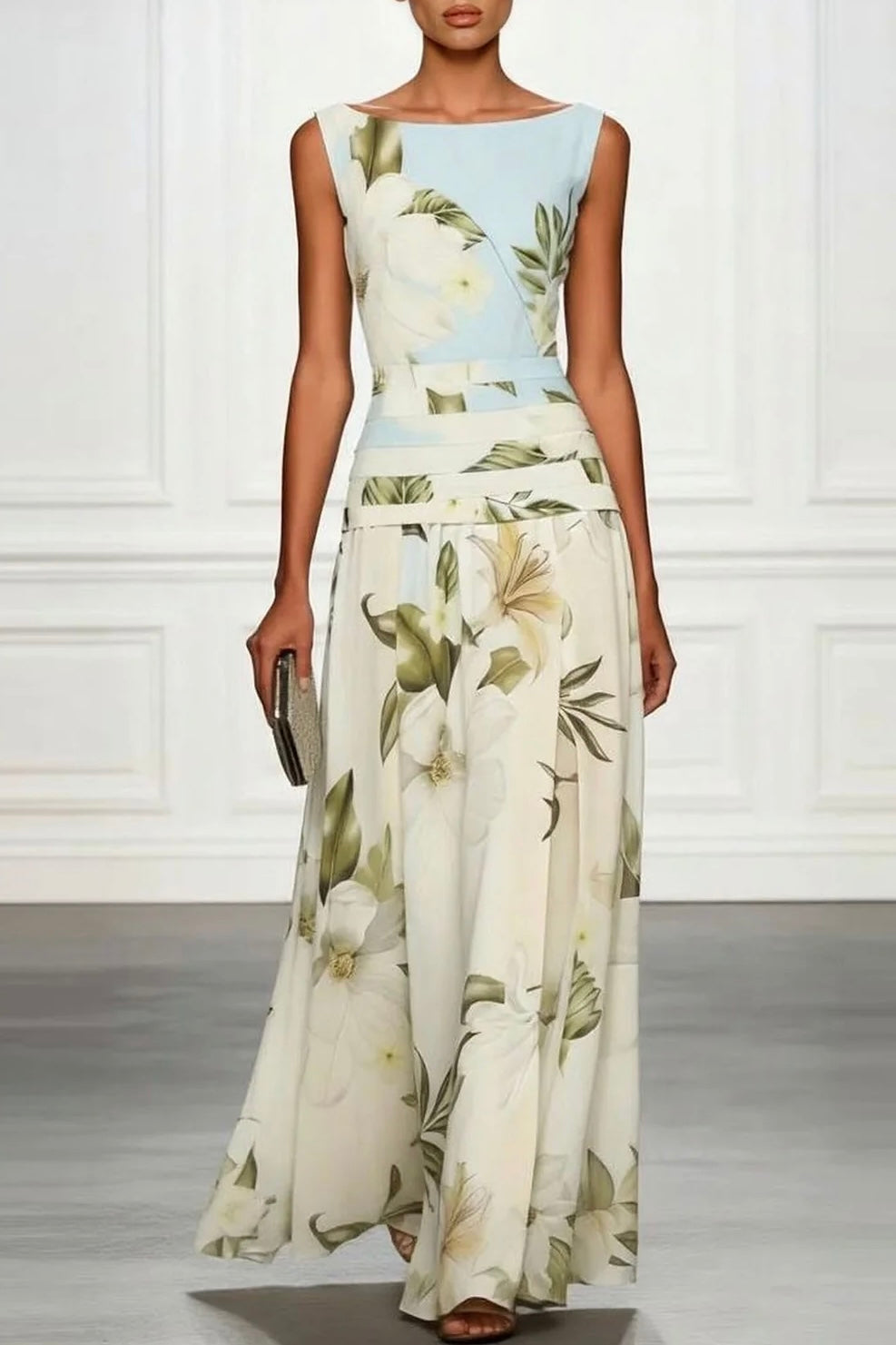 Fresh Sleeveless Boat Neck Printed Party Maxi Dress