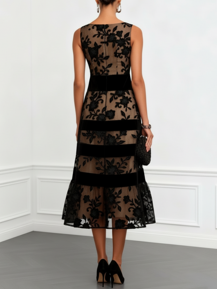 Rosmie Flower Mesh Lace Colorblock Boat Neck Sleeveless A-Line Midi Dress