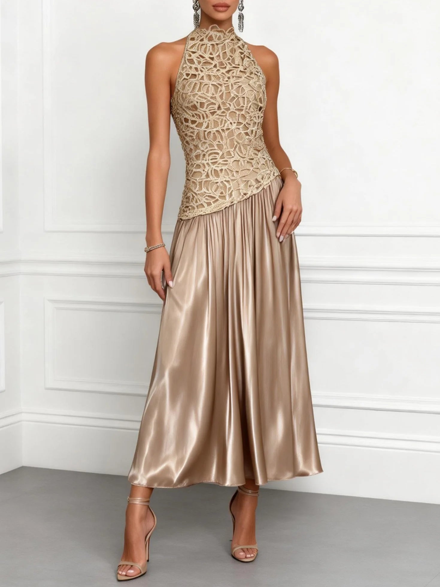Elegant Backless Lace Satin Maxi Dress