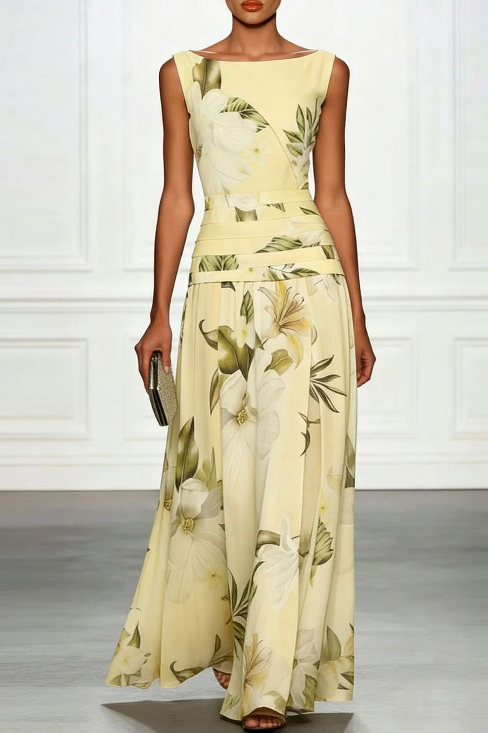 Fresh Sleeveless Boat Neck Printed Party Maxi Dress