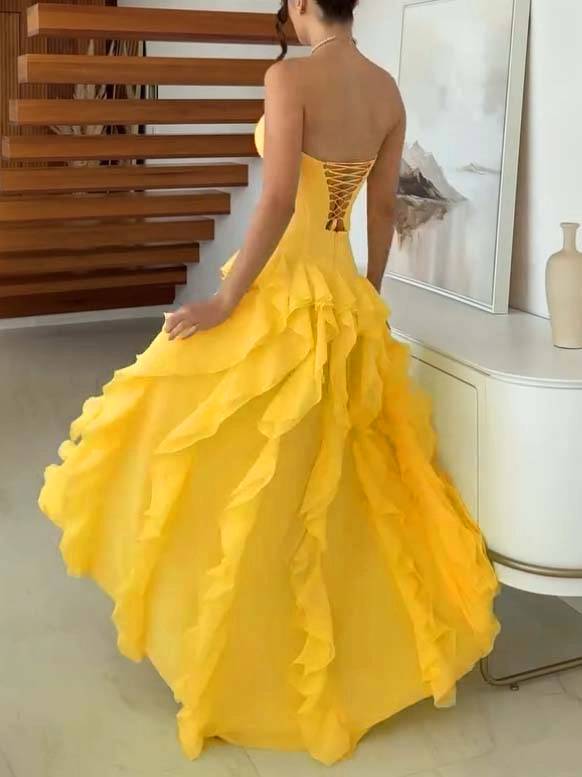 Tube Top Multi-layer Ruffled Side Slit Maxi Dress