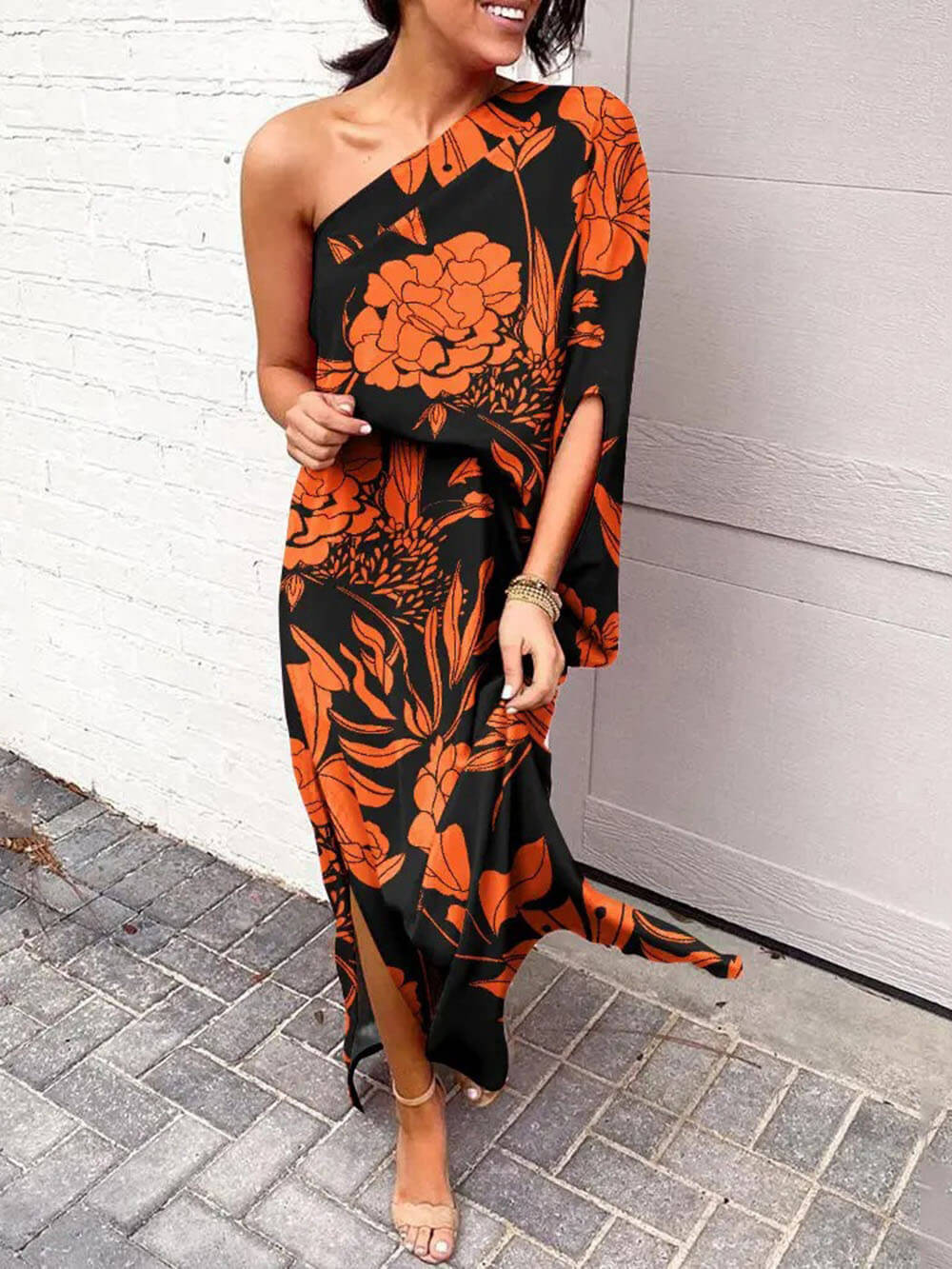 Exquisite Rose Print One Shoulder Slit Maxi Dress