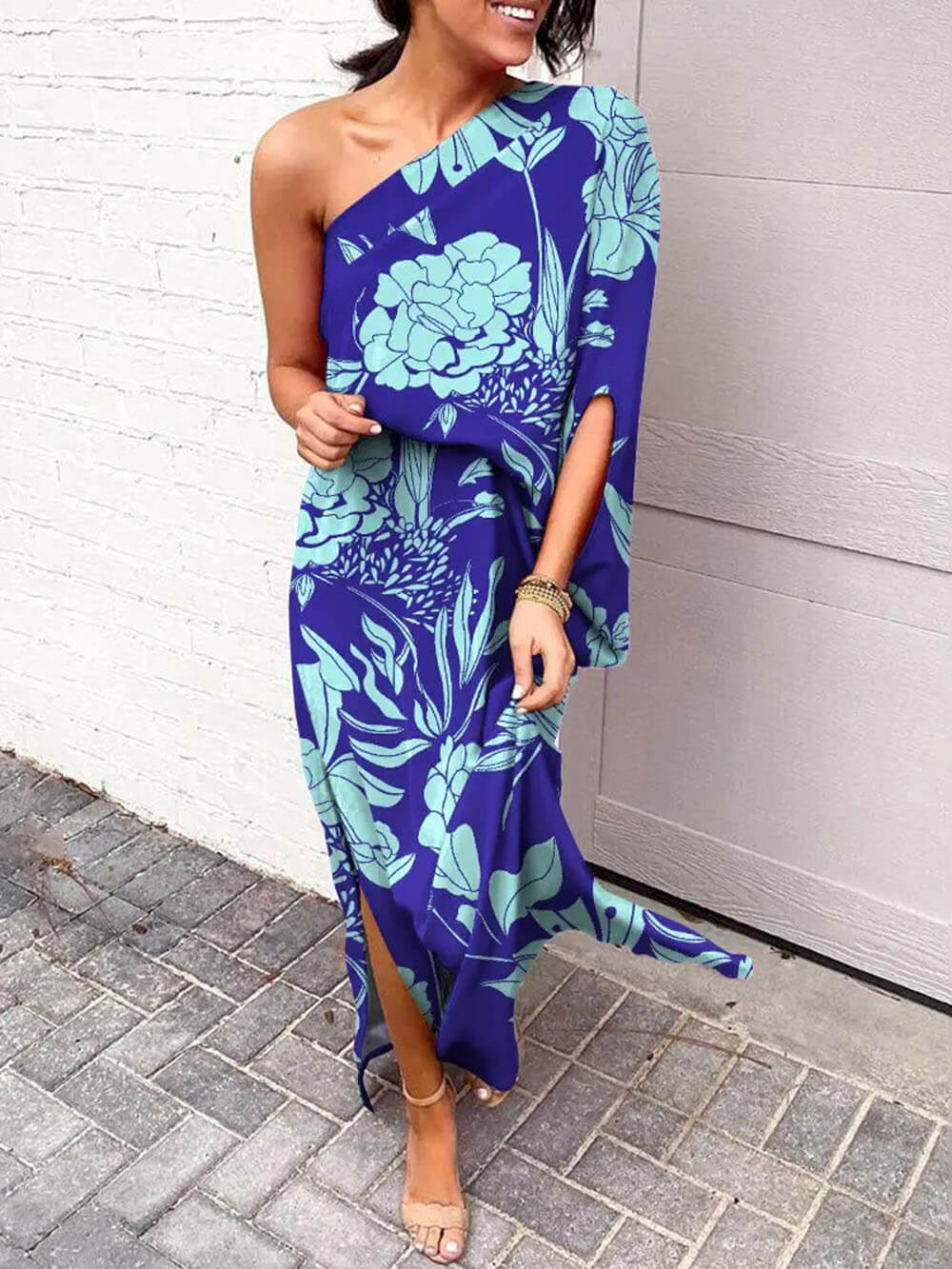 Exquisite Rose Print One Shoulder Slit Maxi Dress