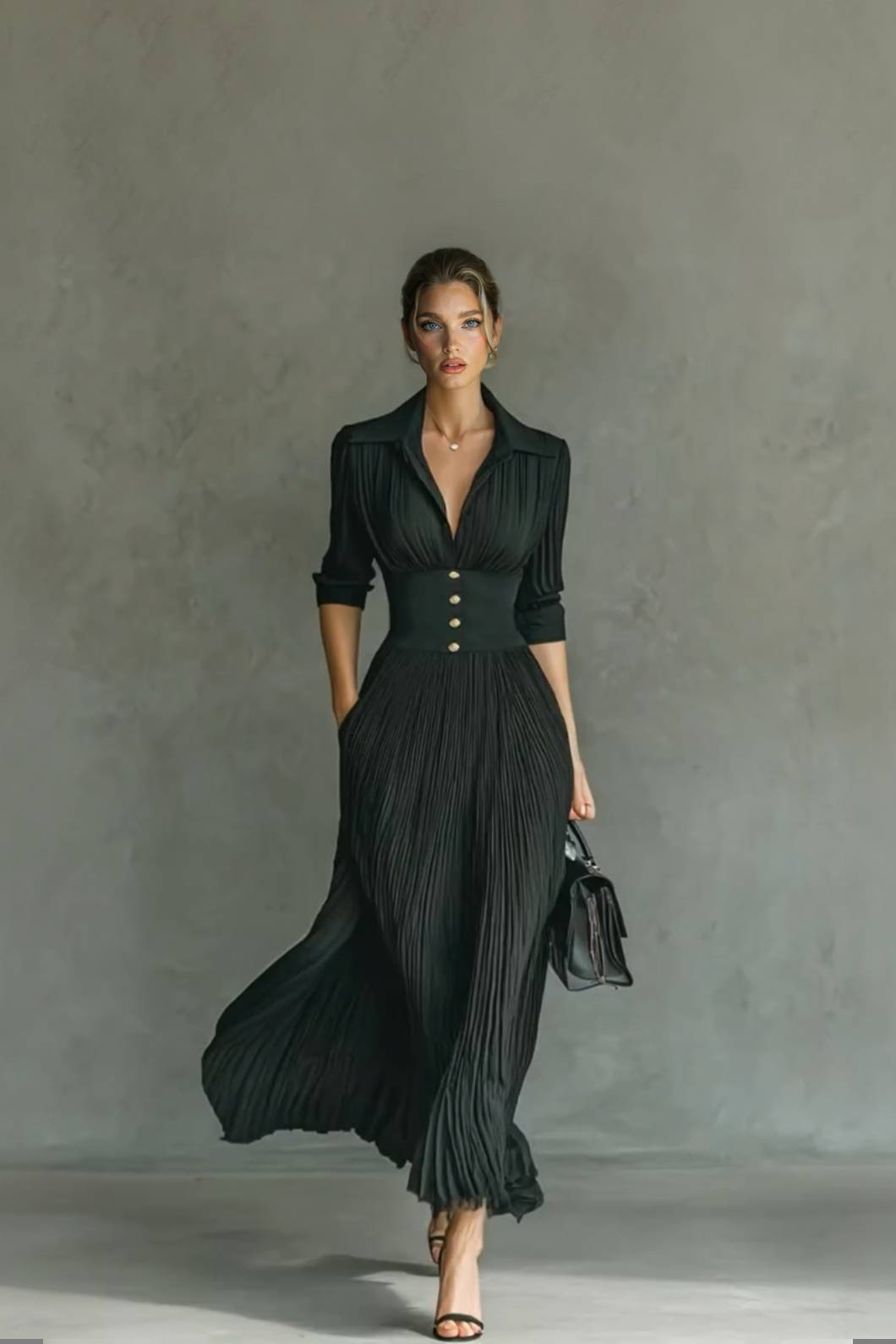 V-Neck Pleated High-Waist Dress