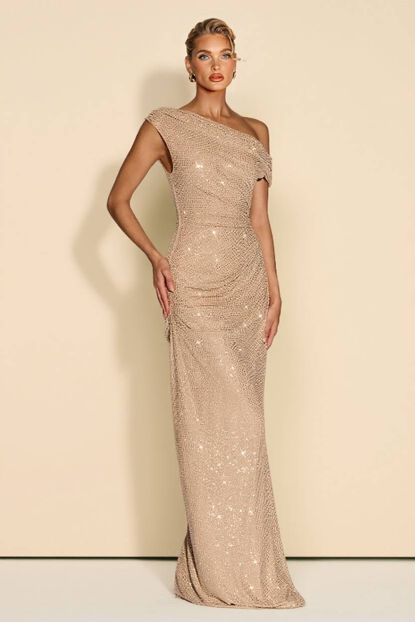 Off-Shoulder Shiny Pleated Maxi Dress