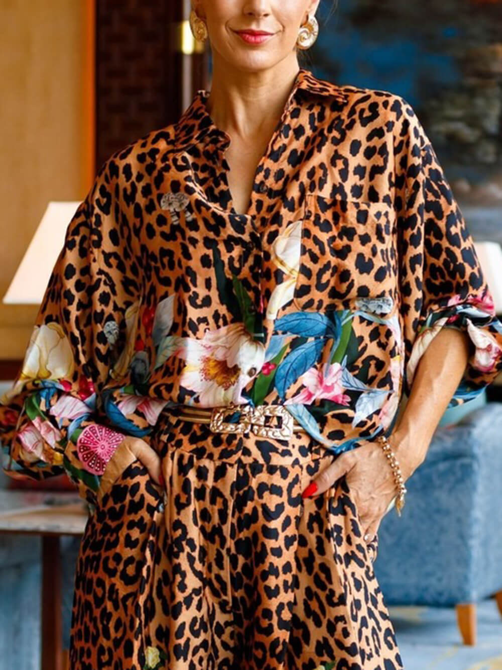 Unique Leopard & Floral Print Loose Button-Up Shirt