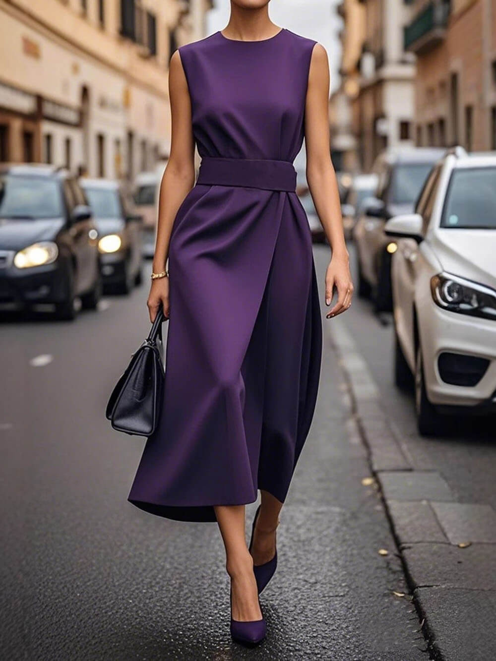 Elegant Pleats Solid Color Sleeveless Round Neck Casual Midi Dress