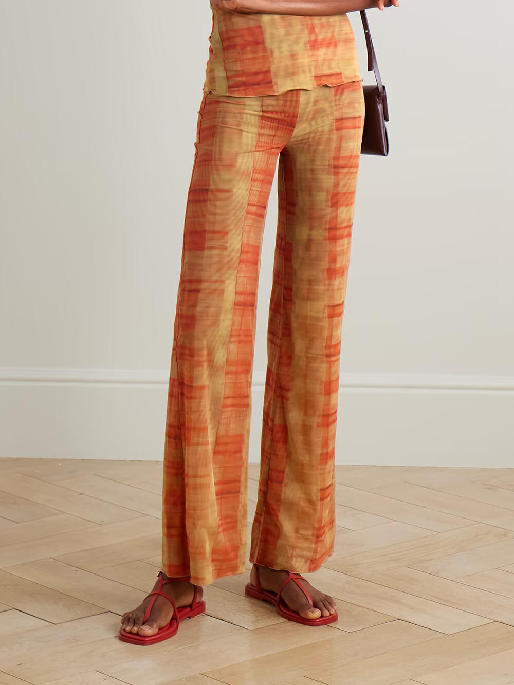 Unique Ruched Plaid Print Stretch Mesh T-Shirt