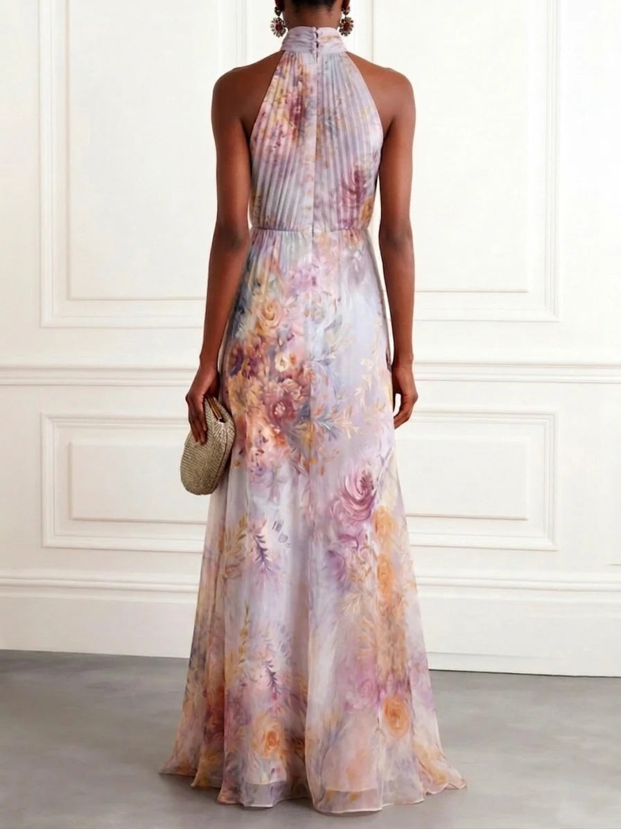 Elegant One-Shoulder Floral Print Chiffon Maxi Dress