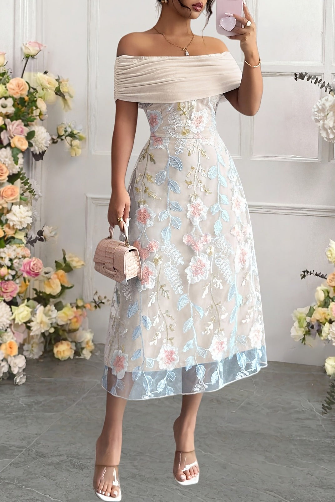 Drape Tulle Floral Embroidery Party Midi Dress