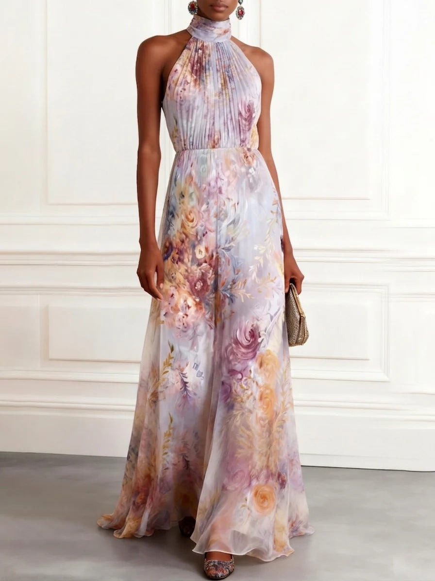 Elegant One-Shoulder Floral Print Chiffon Maxi Dress