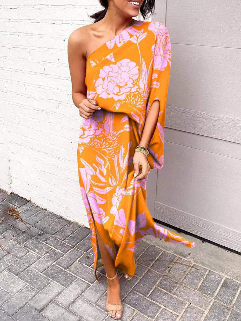 Exquisite Rose Print One Shoulder Slit Maxi Dress