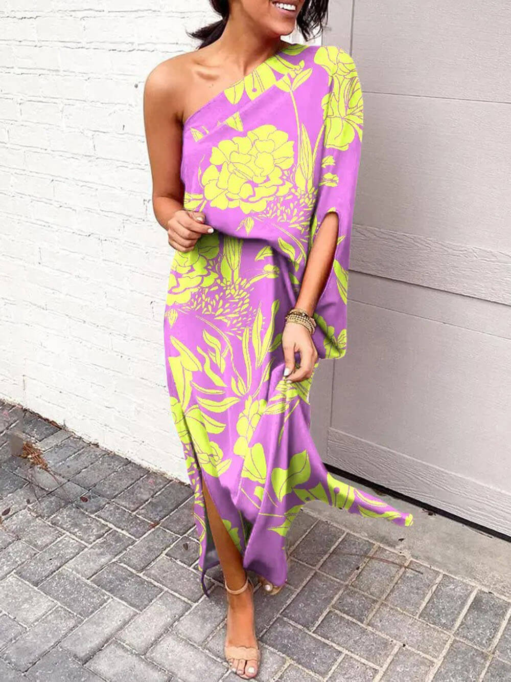 Exquisite Rose Print One Shoulder Slit Maxi Dress