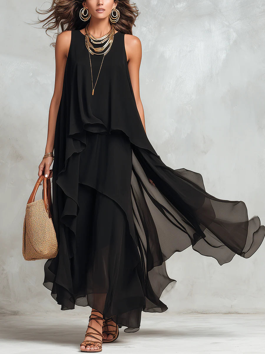 black chiffon tiered dress Baltic Born Women's Tiana Tiered Maxi Dress - Black