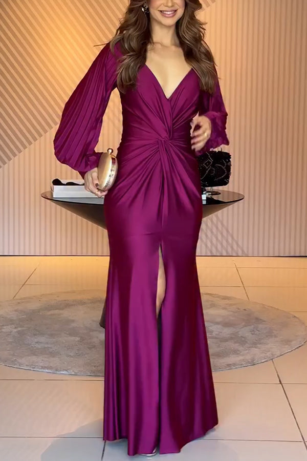 Raise A Toast Satin Long Balloon Sleeve Twist Waist Slit Maxi Dress