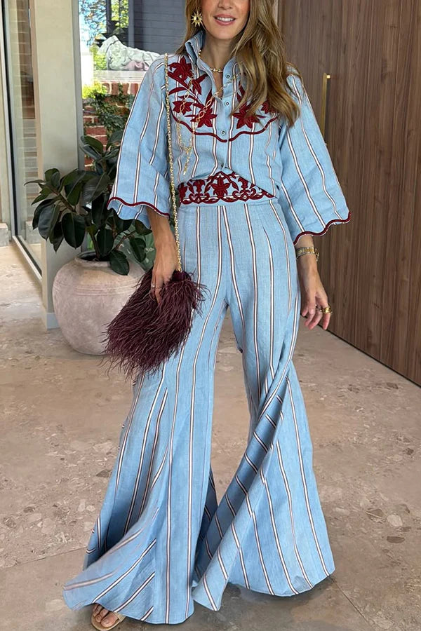 Delirio Linen-Blend Set with Printed Embroidery and Stripe Patterns