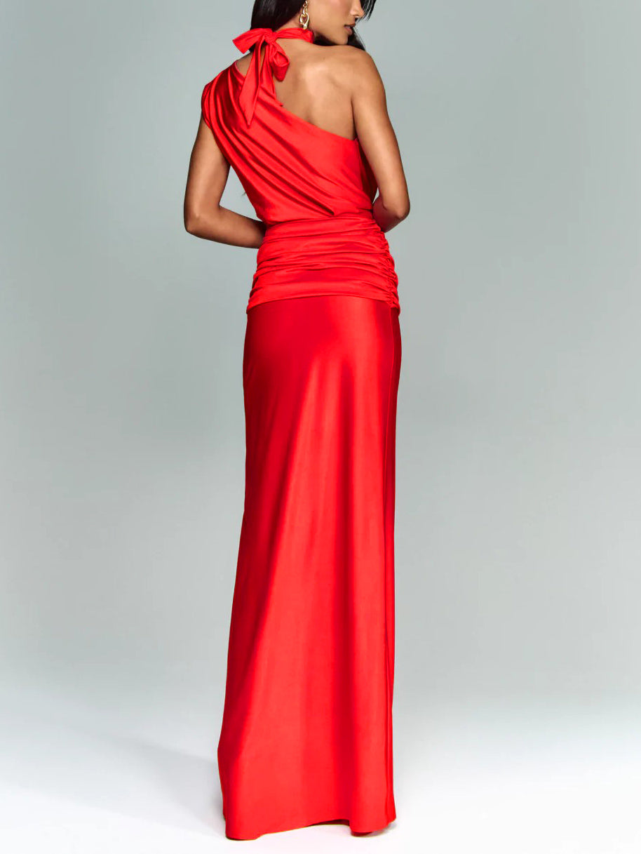 Elegant Asymmetric Neckline Pleated Party Maxi Dress