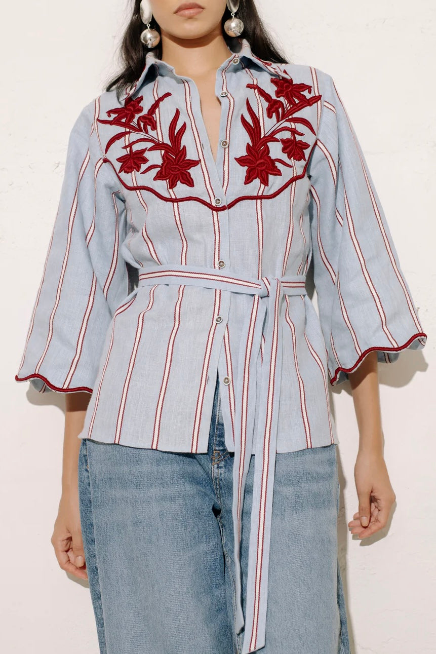 Delirio Linen-Blend Set with Printed Embroidery and Stripe Patterns