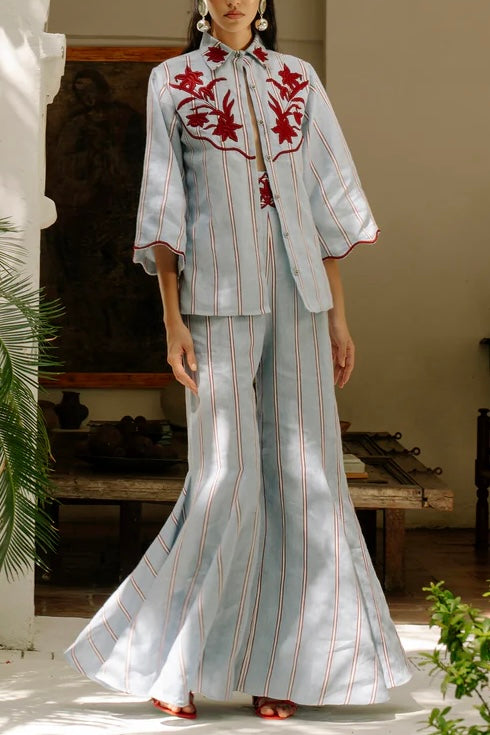 Delirio Linen-Blend Set with Printed Embroidery and Stripe Patterns