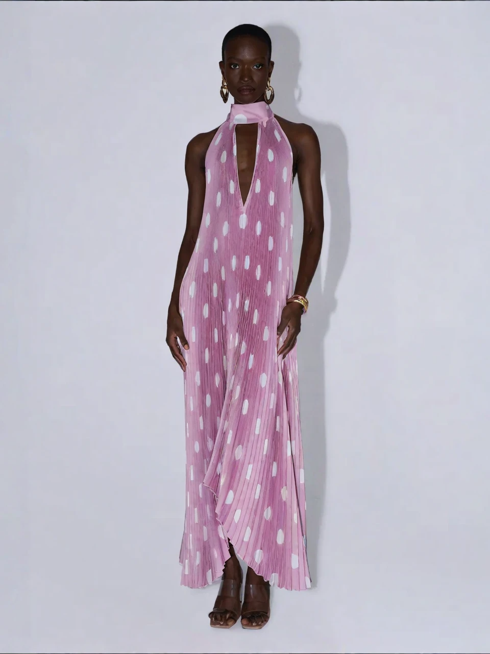 Pink Polka Pleated Halter Gown