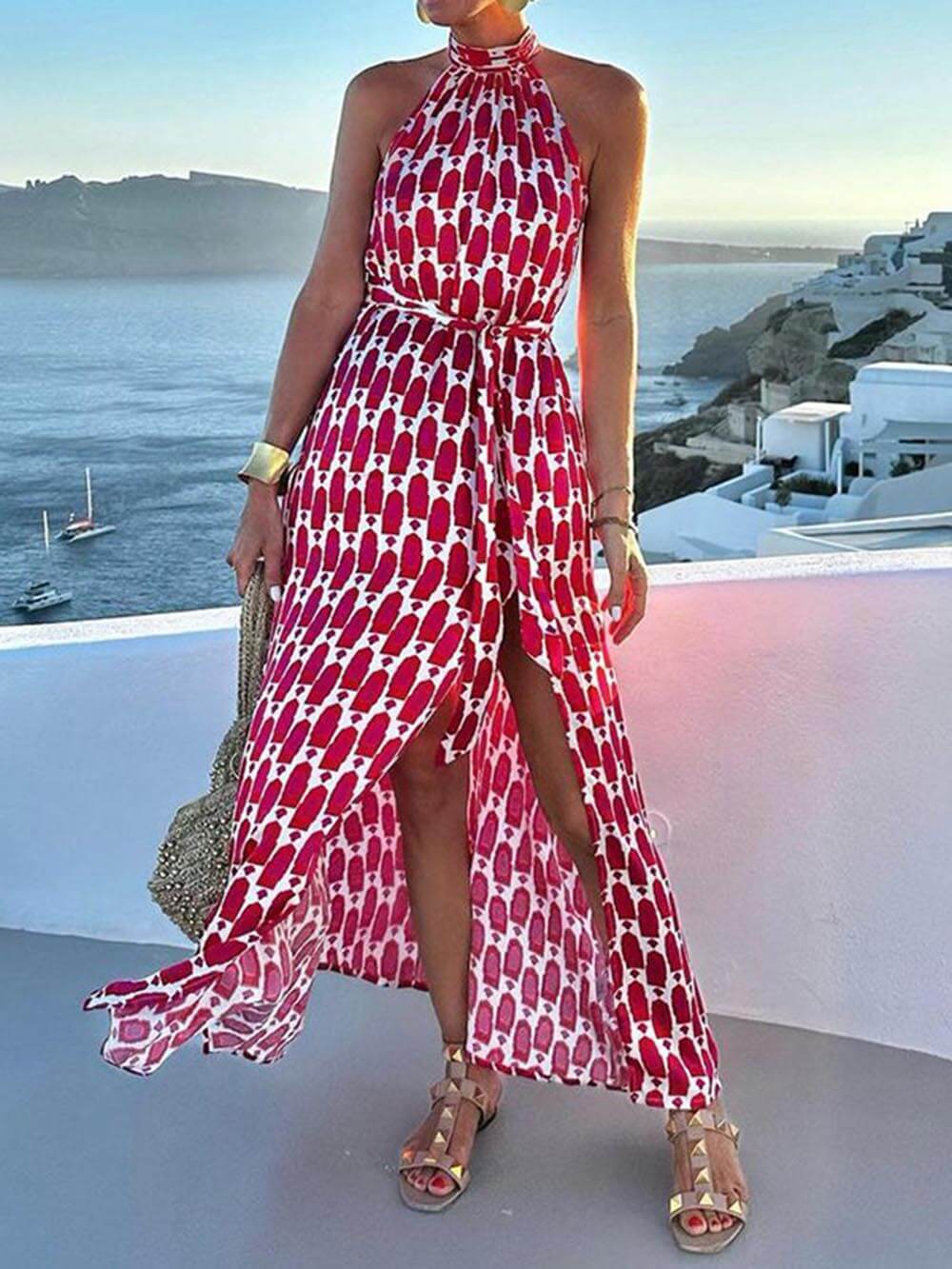 Sexy And Fashionable Printed Halter Neck Beach Slit Midi Dress