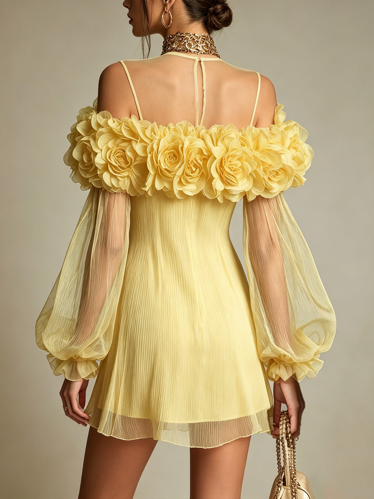 Yellow 3D Floral Ruffle Mini Dress