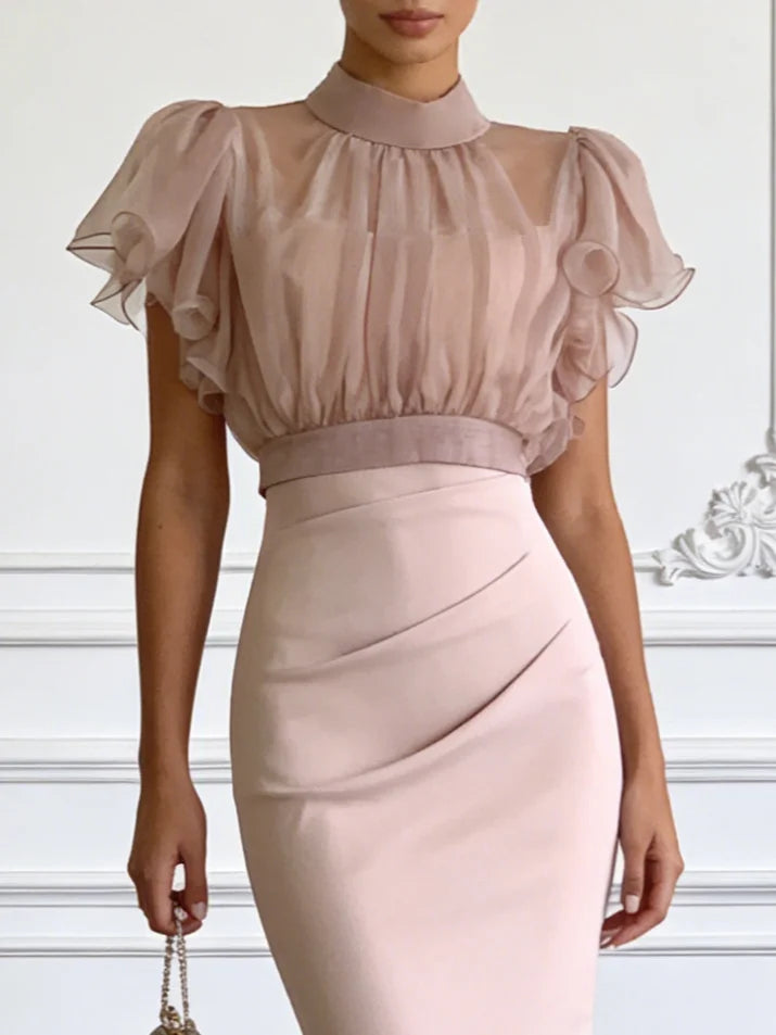 Sheer High-Neck Ruffle Sleeve Back Tie-up Top and Slip Ruched Midi Dress Two Pieces Set
