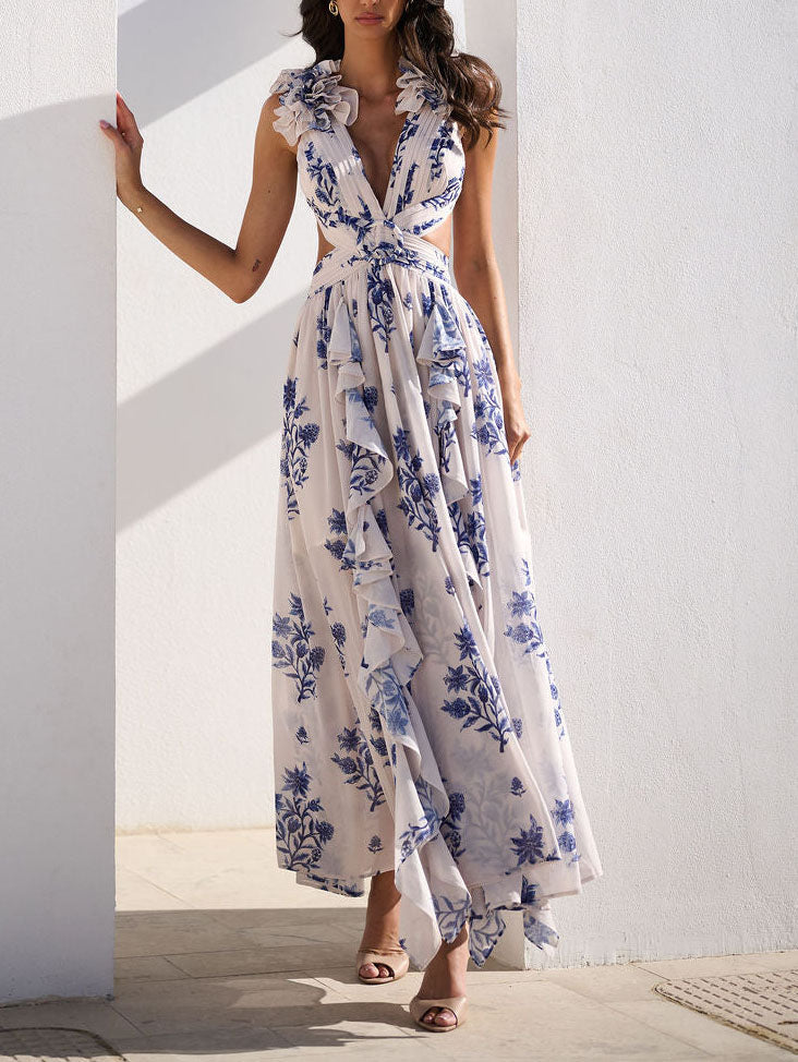 Elegant Floral Print Pleated Openwork Maxi Dress