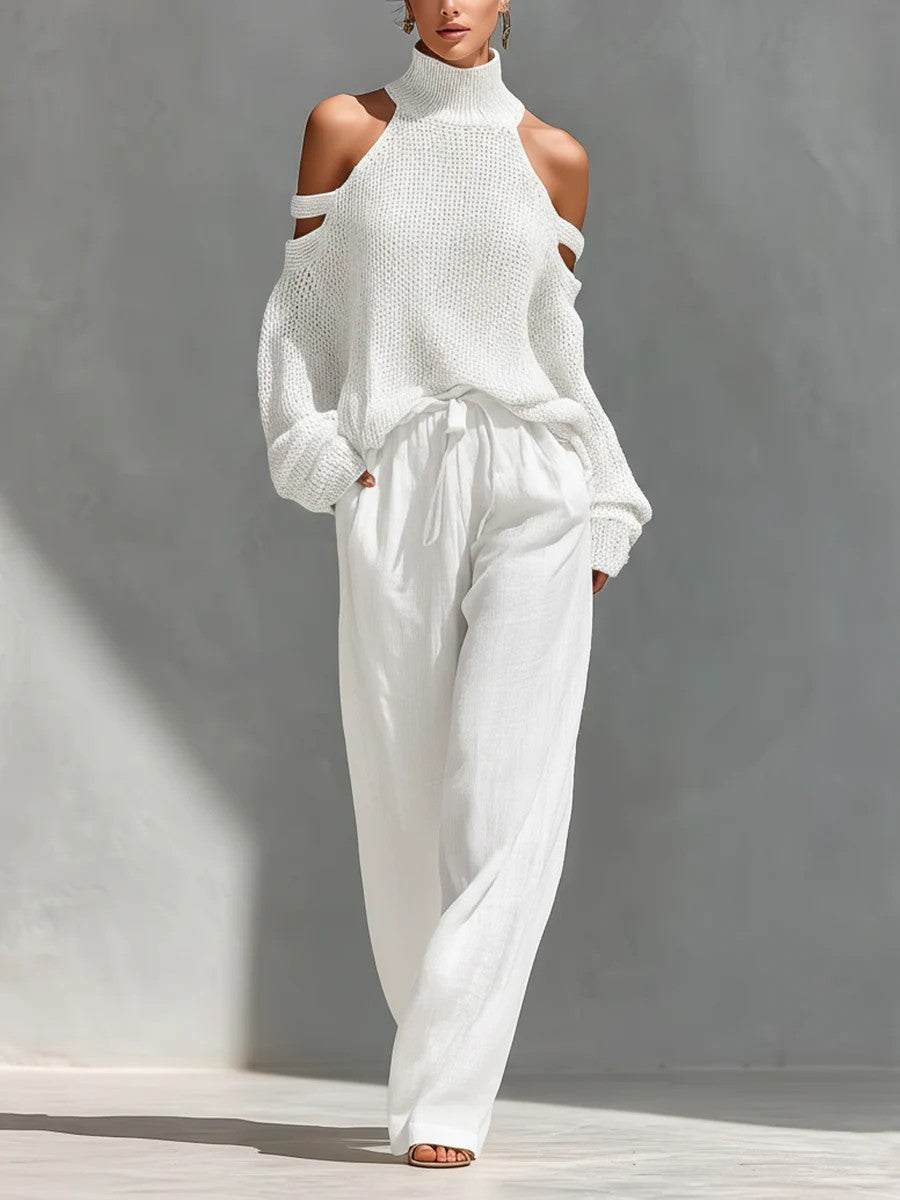 Casual Open-shoulder Knitted Top Wide-leg Pants Two-piece Set