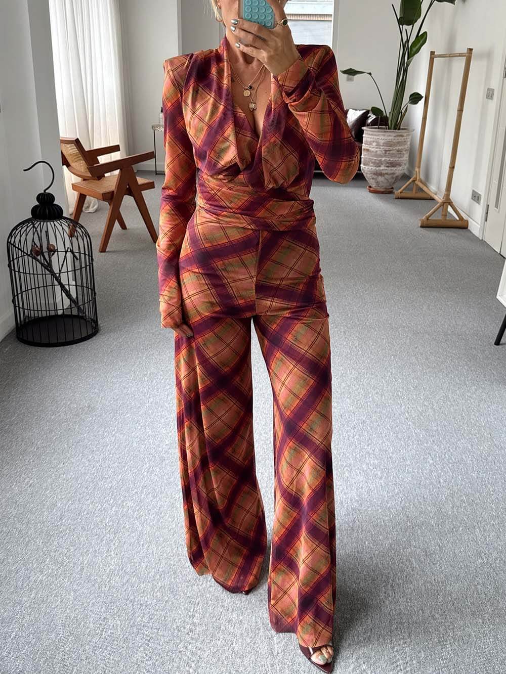 Unique Plaid Print Sheer V-Neck Top