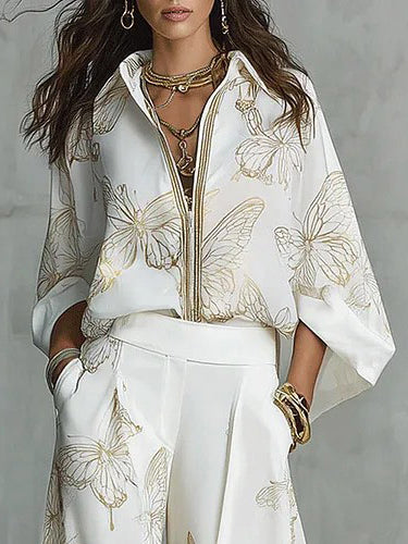 Elegant Butterfly Print Zip Shirt