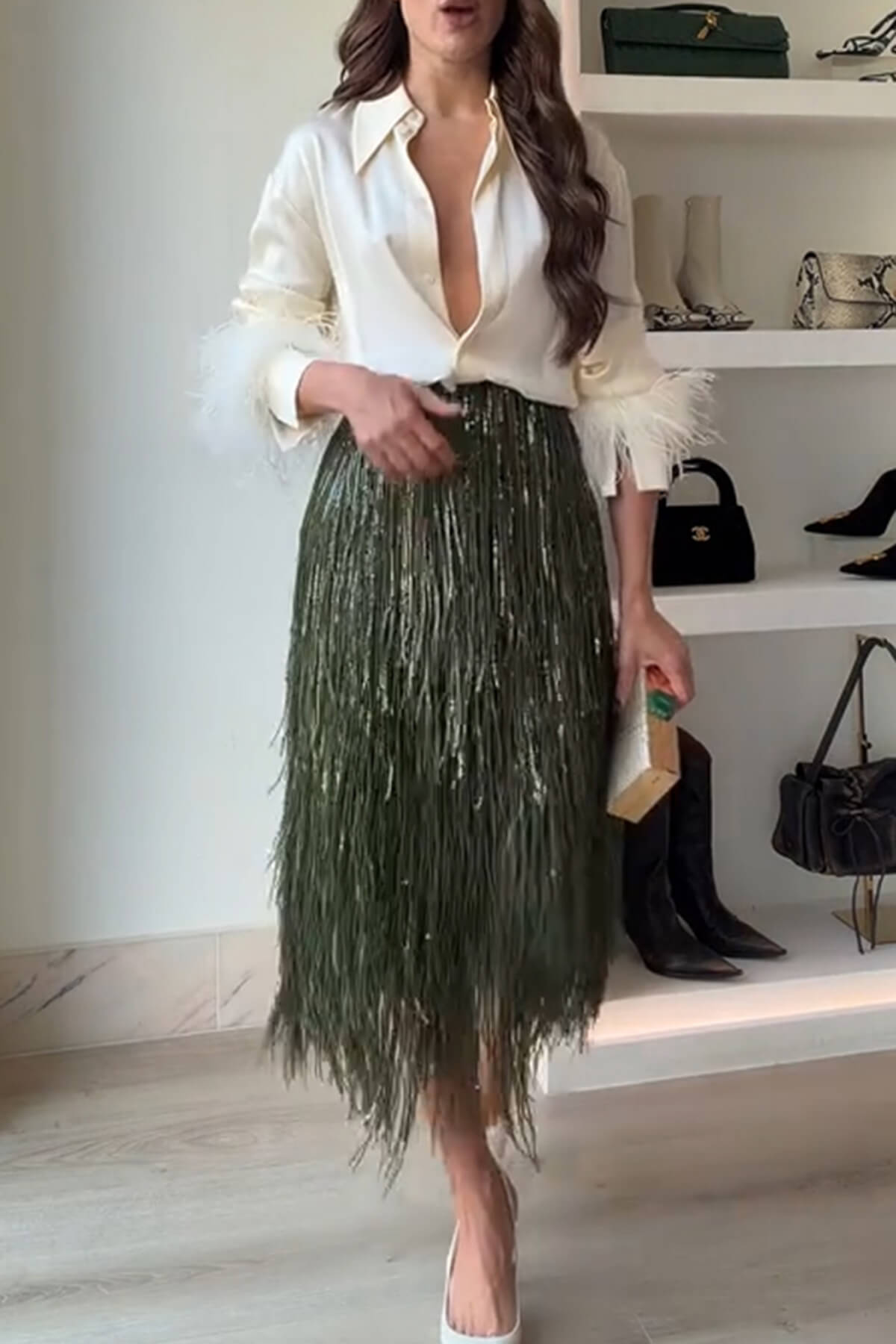 Exquisite Feather Trim Long Sleeve Button Up Loose Blouse