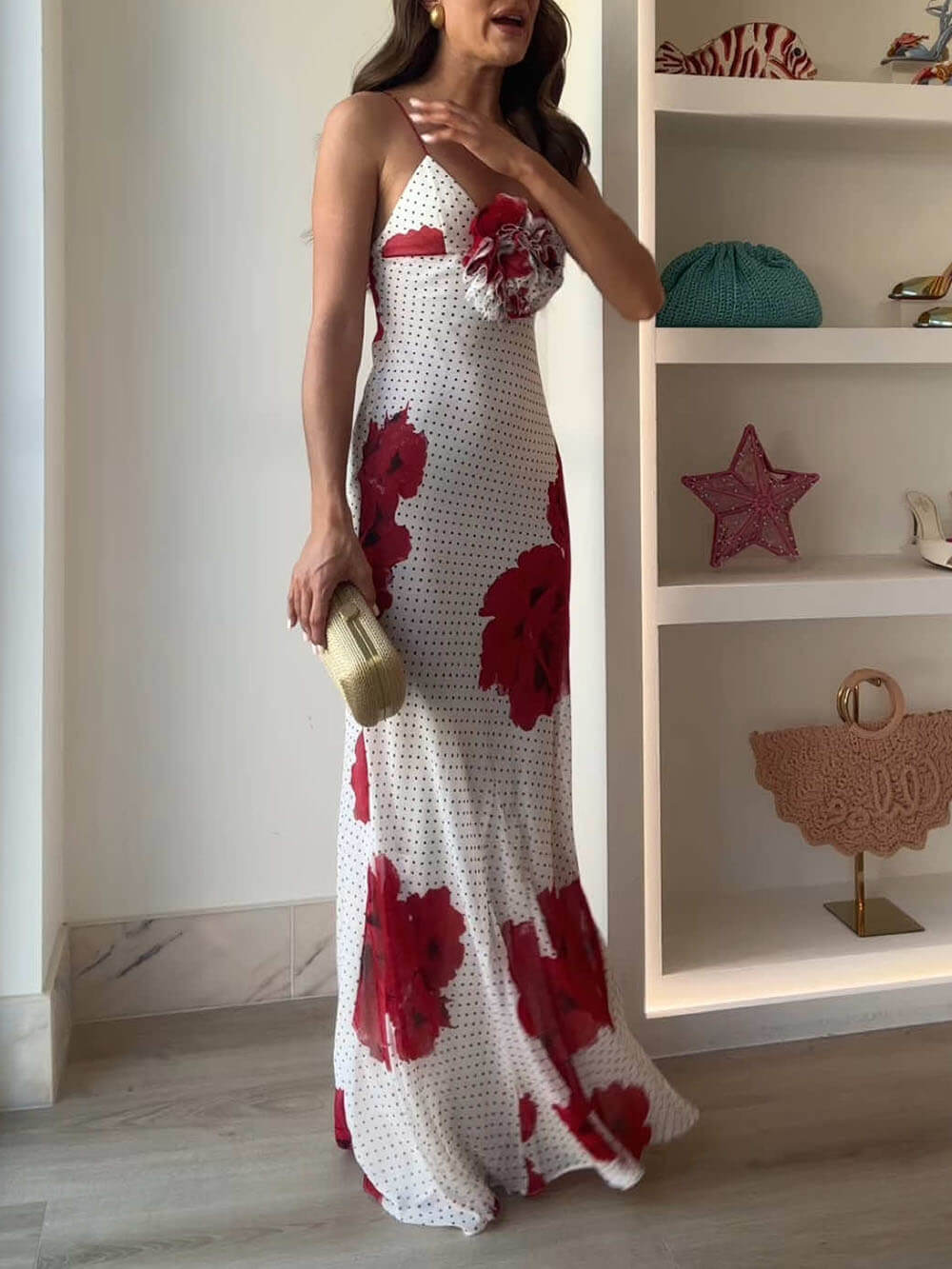 Elegant Poka Dot Floral Print  Flower Detail Slip Maxi Dress