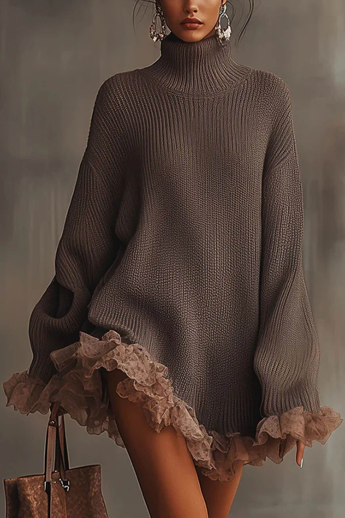 Fashion Solid Color Turtleneck Long-sleeved Loose Ruffle Knit Mini Dress