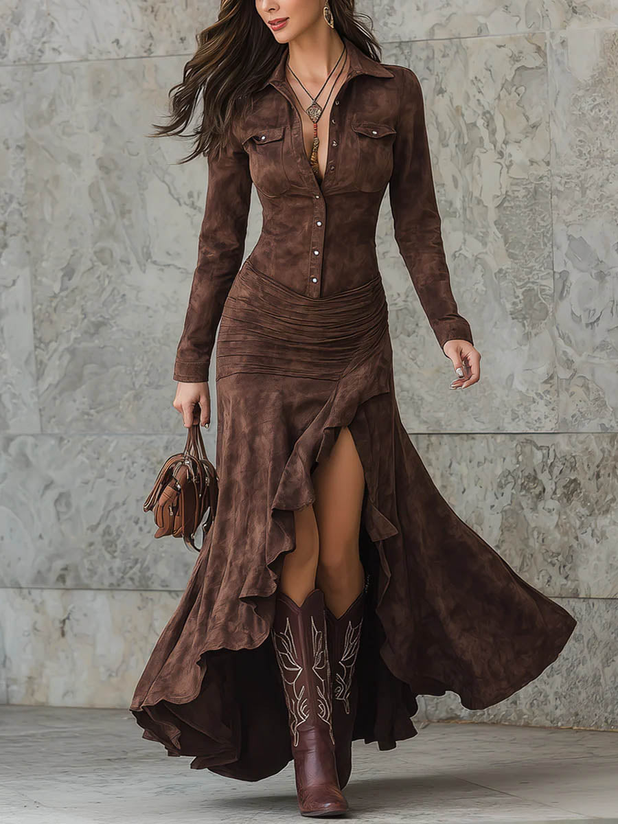 Retro Irregular Ruffled Collared Maxi Dress