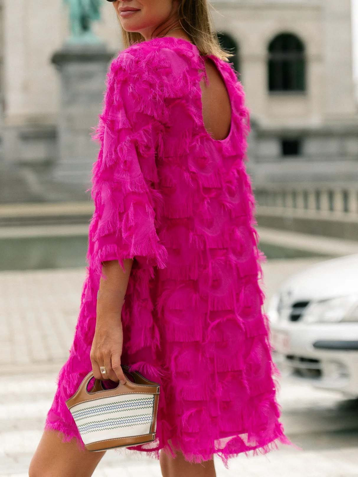 Elegant Fringed Mid-length Sleeve Mini Dress
