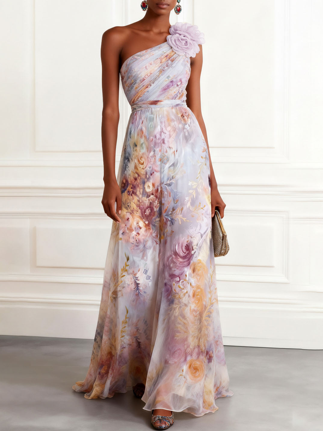 Elegant One-Shoulder Floral Print Chiffon Maxi Dress