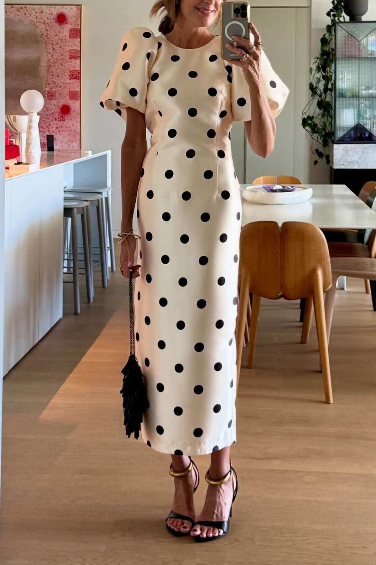 Delicate Polka Dot Print Puff Sleeve Waist-Defined Maxi Dress